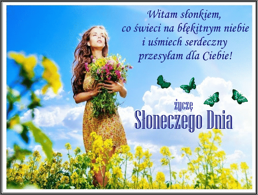 Kobieta z bukietem polnych kwiatów wita i życzy słonecznego dnia